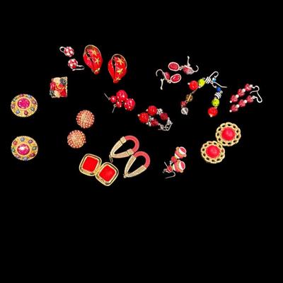 Sale Photo Thumbnail #163: Assorted Lot of Red and Gold Toned Costume Earrings and One Brooch