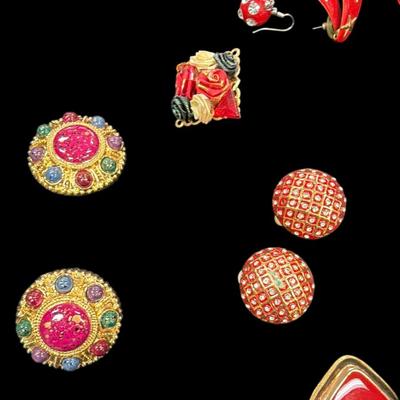 Sale Photo Thumbnail #162: Assorted Lot of Red and Gold Toned Costume Earrings and One Brooch