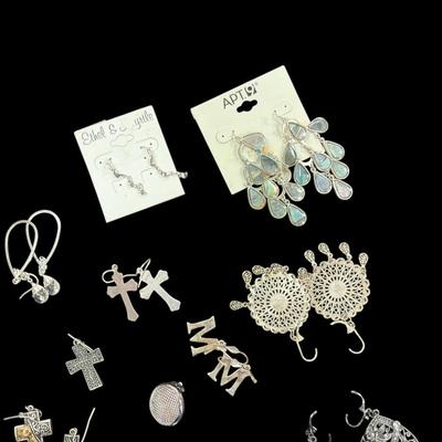 Sale Photo Thumbnail #174: Collection of Earrings including Silver Toned Dangles, Studs and Hoops