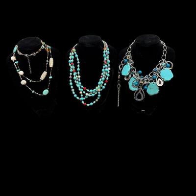 Sale Photo Thumbnail #185: Assortment of Three Faux Turquoise and Silver Toned Necklaces