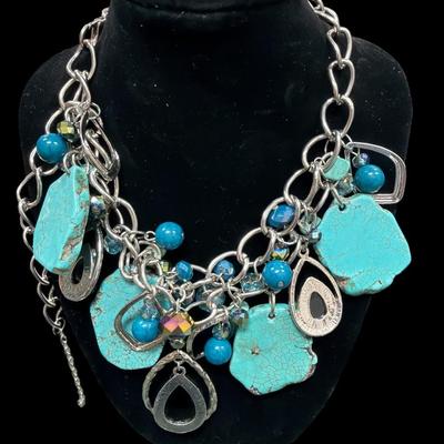 Sale Photo Thumbnail #182: Assortment of Three Faux Turquoise and Silver Toned Necklaces