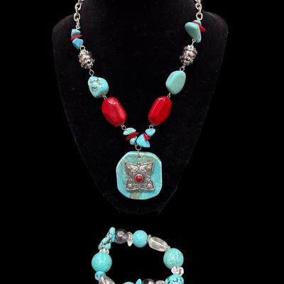 Sale Photo Thumbnail #190: Two Faux Turquoise Necklaces and One Bracelet