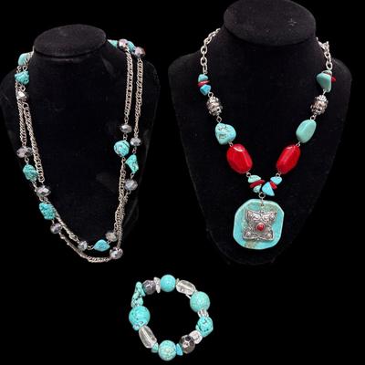 Sale Photo Thumbnail #186: Two Faux Turquoise Necklaces and One Bracelet