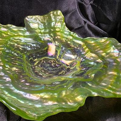 Vintage Iridescent Green Ruffled Art Glass Bowl – Carnival Style Freeform Dish
