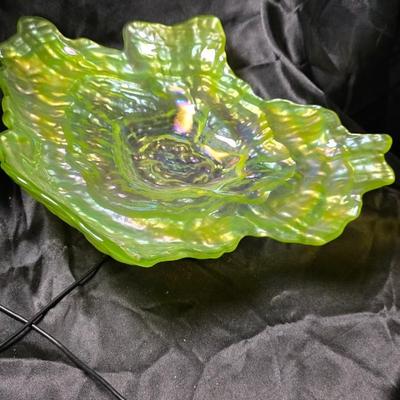 Vintage Iridescent Green Ruffled Art Glass Bowl – Carnival Style Freeform Dish