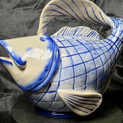 Blue Sky Clayworks Diane Fish Teapot – Hand-Painted Blue & White Ceramic Collectible