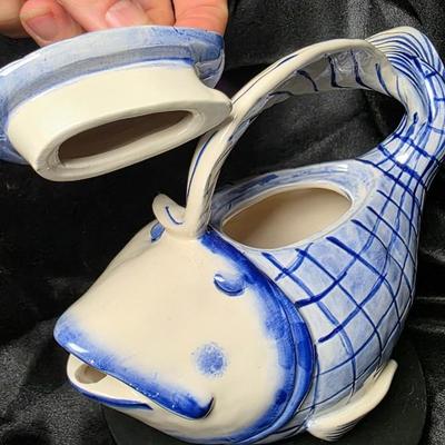 Blue Sky Clayworks Diane Fish Teapot – Hand-Painted Blue & White Ceramic Collectible