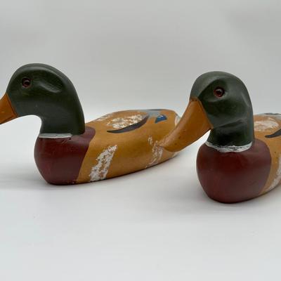 Pair of Vintage Hand-Carved Wooden Mallard Duck Decoys