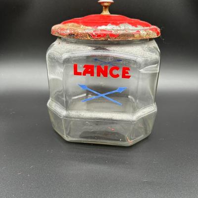 Vintage Lance Glass Countertop Cracker Jar w/ Original Red Metal Lid