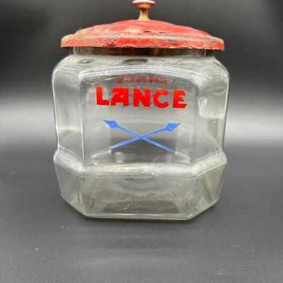 Vintage Lance Glass Countertop Cracker Jar w/ Original Red Metal Lid