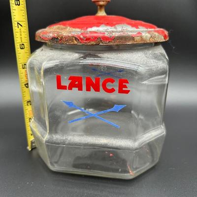 Vintage Lance Glass Countertop Cracker Jar w/ Original Red Metal Lid