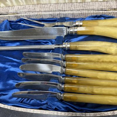 Sale Photo Thumbnail #272: Vintage Carving set with butter knives, butterscotch colored Bakelite handles, housed in the original case.