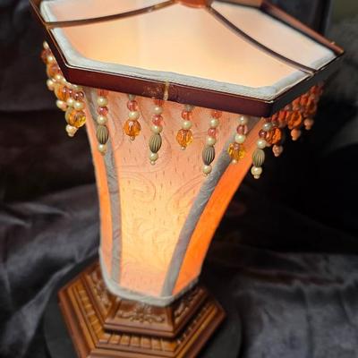 Vintage Victorian-Style Beaded Fringe Accent Table Lamp with Fabric Shade