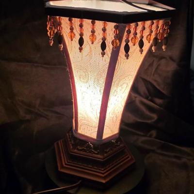 Vintage Victorian-Style Beaded Fringe Accent Table Lamp with Fabric Shade