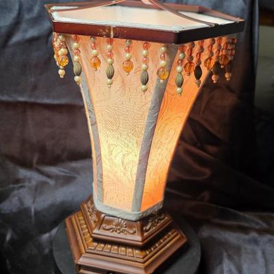 Vintage Victorian-Style Beaded Fringe Accent Table Lamp with Fabric Shade