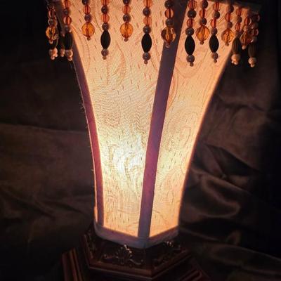 Vintage Victorian-Style Beaded Fringe Accent Table Lamp with Fabric Shade