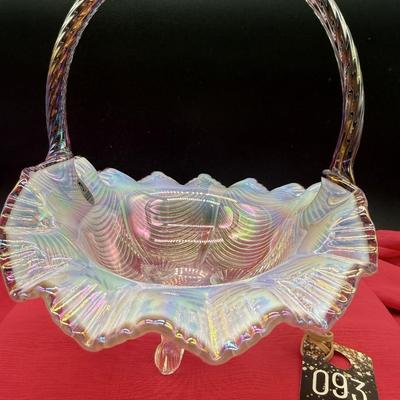 Sale Photo Thumbnail #282: Purple Iridescent glass basket
Distinct opalescent finish with ruffled edge 
No chips or cracks 
12" x 10"