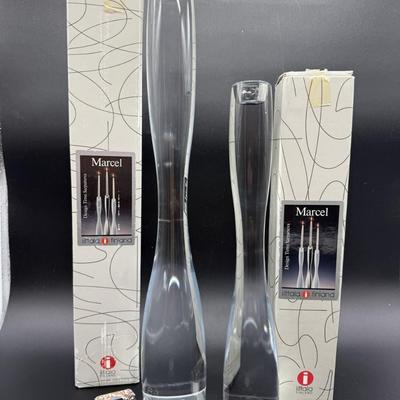 Sale Photo Thumbnail #285: Marcel candle holders by Timo Sarponeva
Made in Finland, with original boxes 
The large candle holder is priced online at $650 
16.25 and 12.25 inches tall