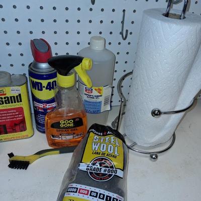 CHEMICALS, PAPER TOWEL HOLD, FUNNELS AND STEEL WOOL