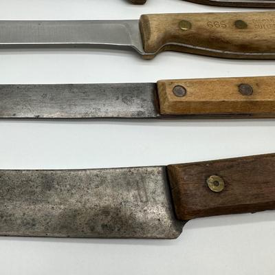 Vintage Butcher & Kitchen Knife Lot – Ontario True-Edge, Lenox Saw Steel, Wood Handles (6)