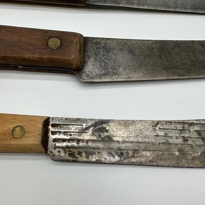 Vintage Butcher & Kitchen Knife Lot – Ontario True-Edge, Lenox Saw Steel, Wood Handles (6)