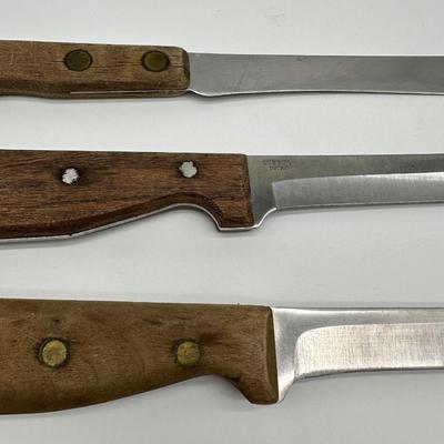 Vintage Butcher & Kitchen Knife Lot – Ontario True-Edge, Lenox Saw Steel, Wood Handles (6)