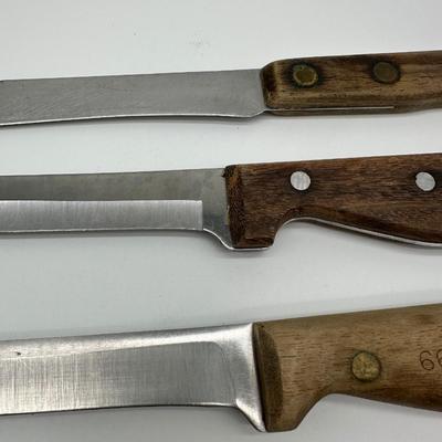 Vintage Butcher & Kitchen Knife Lot – Ontario True-Edge, Lenox Saw Steel, Wood Handles (6)