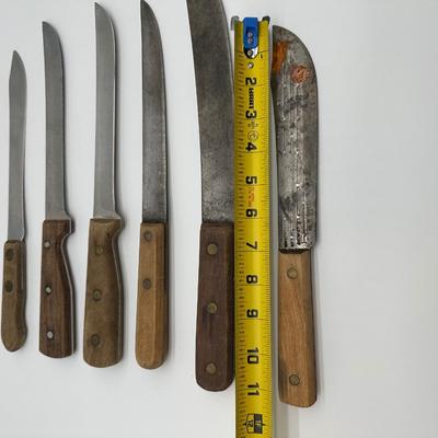 Vintage Butcher & Kitchen Knife Lot – Ontario True-Edge, Lenox Saw Steel, Wood Handles (6)
