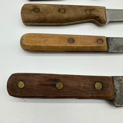 Vintage Butcher & Kitchen Knife Lot – Ontario True-Edge, Lenox Saw Steel, Wood Handles (6)