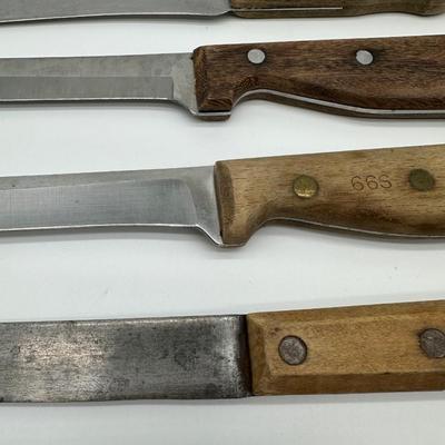 Vintage Butcher & Kitchen Knife Lot – Ontario True-Edge, Lenox Saw Steel, Wood Handles (6)