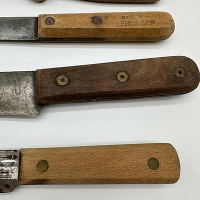 Vintage Butcher & Kitchen Knife Lot – Ontario True-Edge, Lenox Saw Steel, Wood Handles (6)