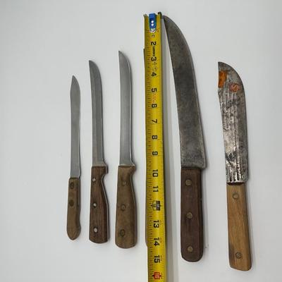 Vintage Butcher & Kitchen Knife Lot – Ontario True-Edge, Lenox Saw Steel, Wood Handles (6)