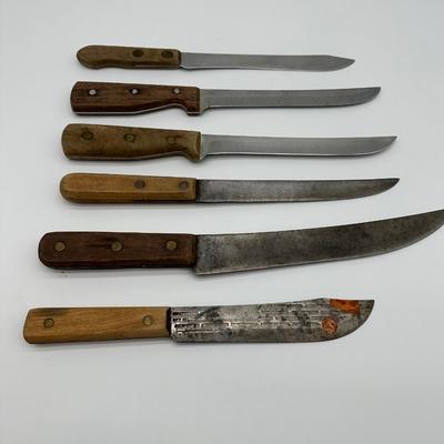 Vintage Butcher & Kitchen Knife Lot – Ontario True-Edge, Lenox Saw Steel, Wood Handles (6)