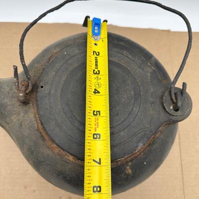 Antique Cast Iron Camp Kettle w/ Wire Bail Handle & Lid – Primitive Fireplace Teapot