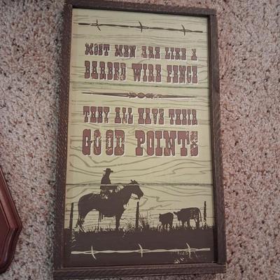 THERMOMETER/BAROMETER, WOOD ART AND A WOODEN BOX