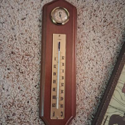THERMOMETER/BAROMETER, WOOD ART AND A WOODEN BOX