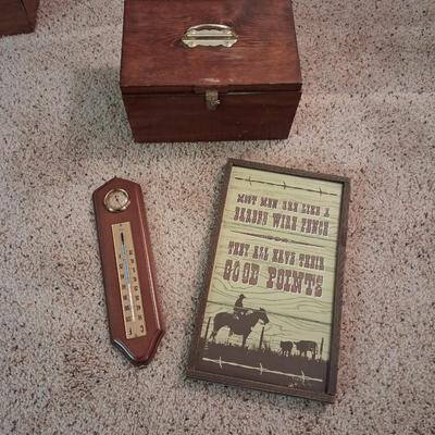 THERMOMETER/BAROMETER, WOOD ART AND A WOODEN BOX