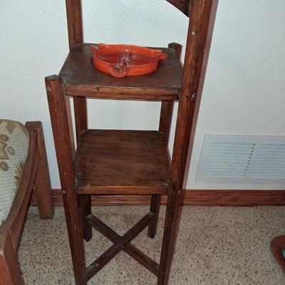 ORANGE GLASS ASHTRAY & STAND PLUS AN OTTOMAN