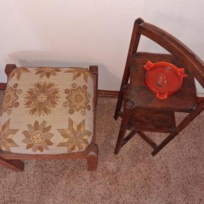 ORANGE GLASS ASHTRAY & STAND PLUS AN OTTOMAN