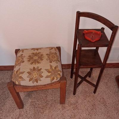 ORANGE GLASS ASHTRAY & STAND PLUS AN OTTOMAN