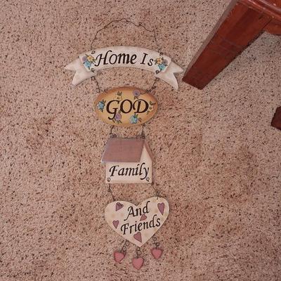 END TABLE, FOOT STOOL AND WALL ART