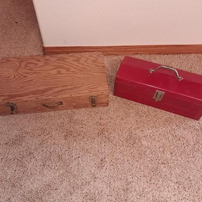METAL TOOL BOX, SECTIONED WOODEN BOX AND MORE