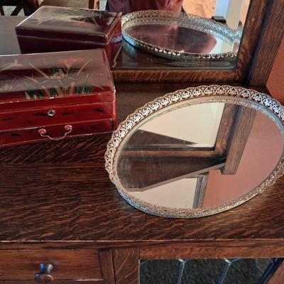 DRESSER MIRROR AND AN ASIAN STYLE JEWELRY BOX