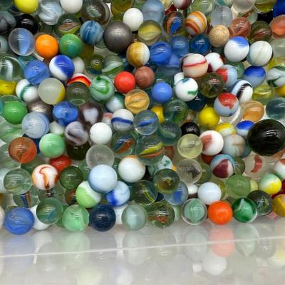 Large Lot of Vintage Glass Marbles – Mixed Colors, Swirls & Shooters in Storage Bin