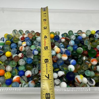 Large Lot of Vintage Glass Marbles – Mixed Colors, Swirls & Shooters in Storage Bin