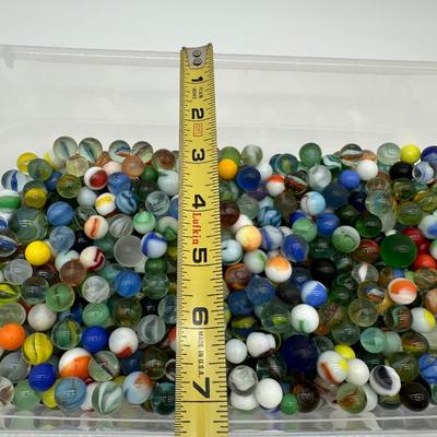 Large Lot of Vintage Glass Marbles – Mixed Colors, Swirls & Shooters in Storage Bin