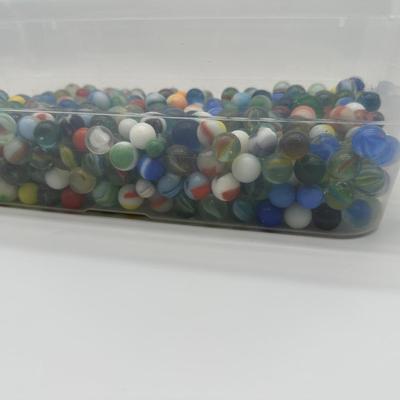 Large Lot of Vintage Glass Marbles – Mixed Colors, Swirls & Shooters in Storage Bin