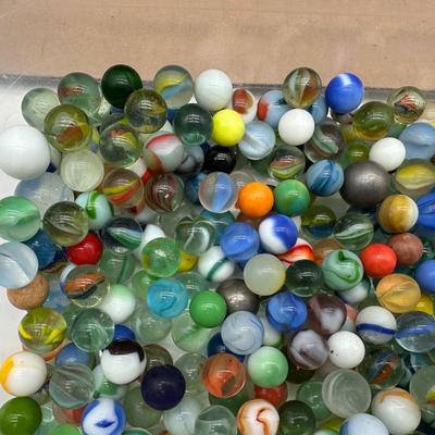 Large Lot of Vintage Glass Marbles – Mixed Colors, Swirls & Shooters in Storage Bin