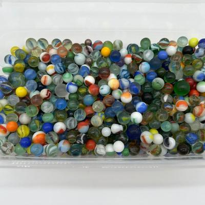 Large Lot of Vintage Glass Marbles – Mixed Colors, Swirls & Shooters in Storage Bin