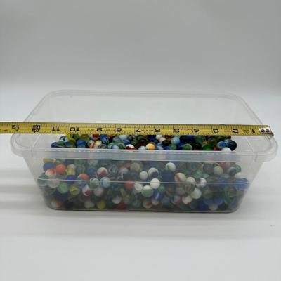 Large Lot of Vintage Glass Marbles – Mixed Colors, Swirls & Shooters in Storage Bin